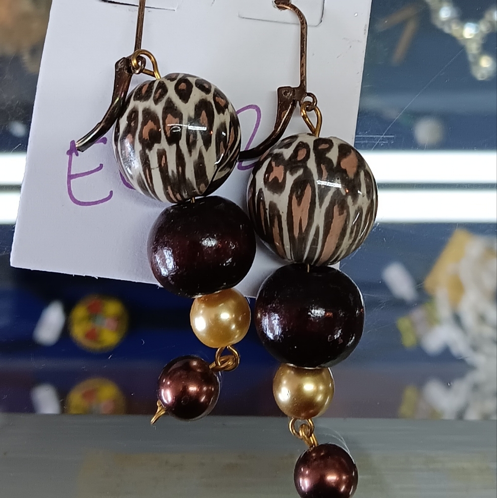 Leopard Print and Brown Beaded Earrings